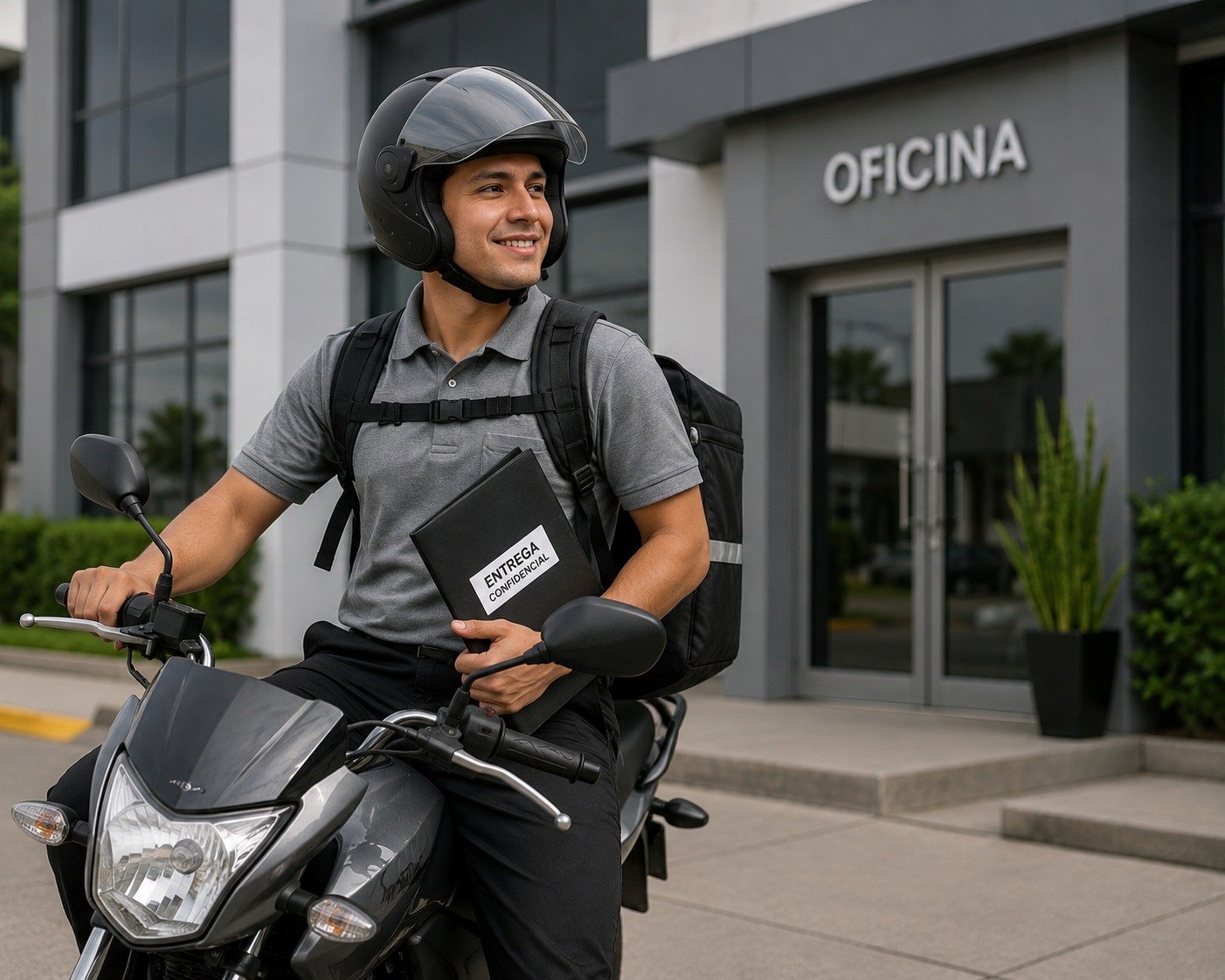 Mensajero preparado para realizar una entrega en motocicleta